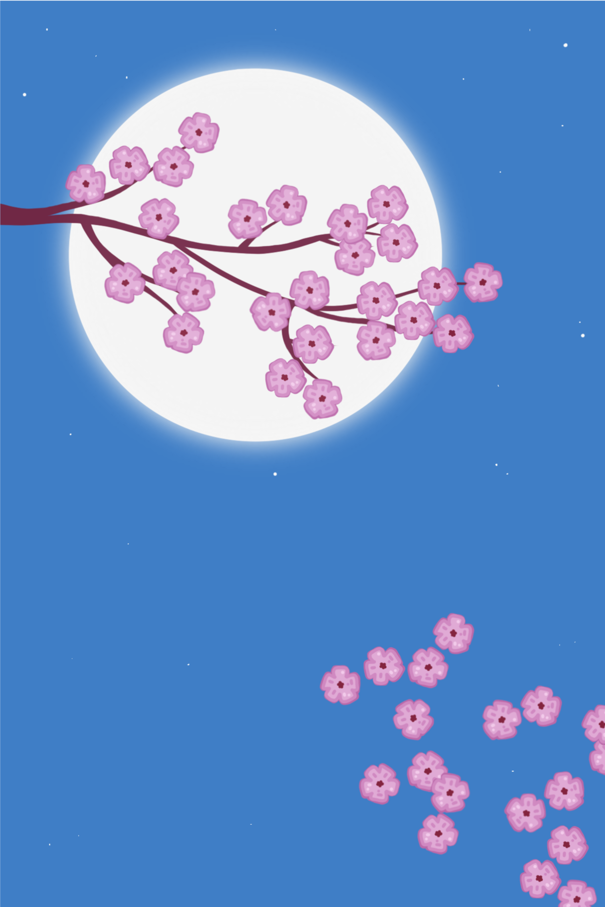 illustration of moon, stars, and petals