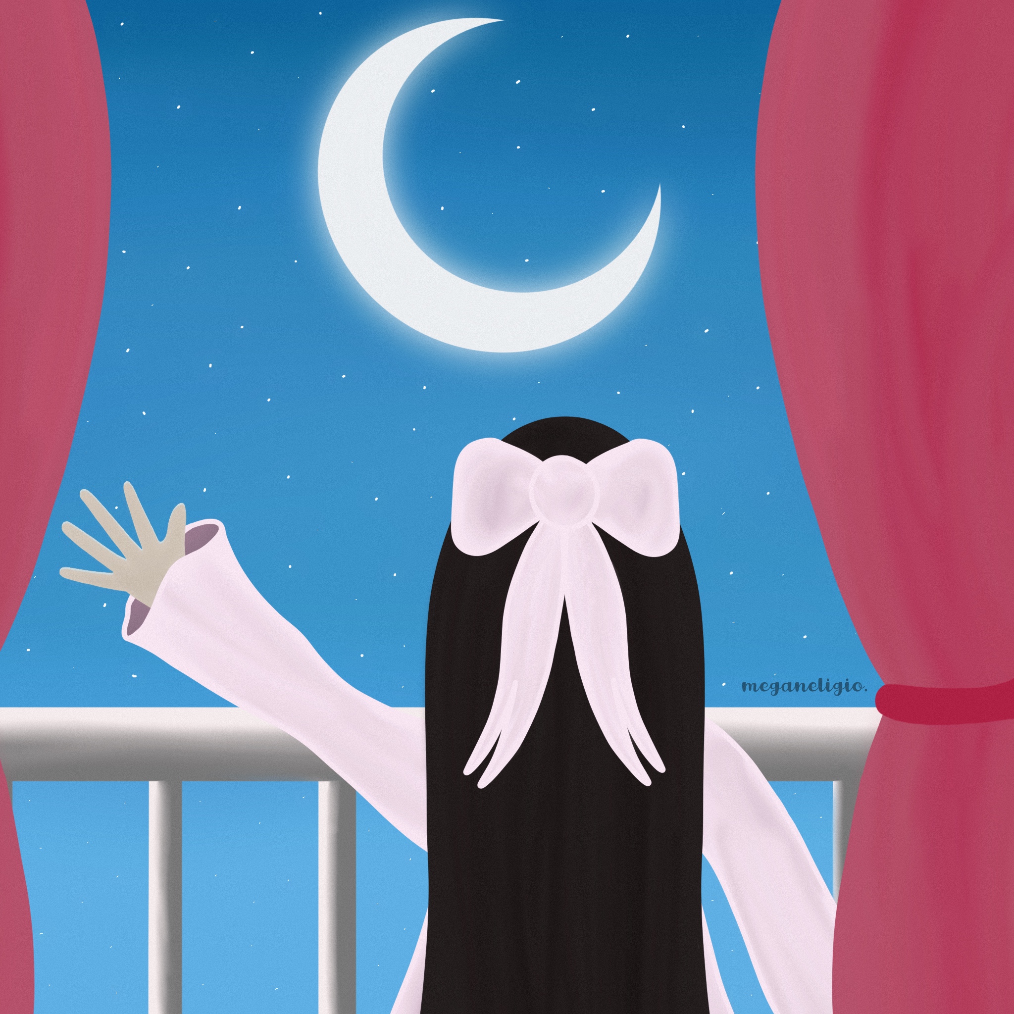 one of my earliest illustrations of a girl waving at the moon