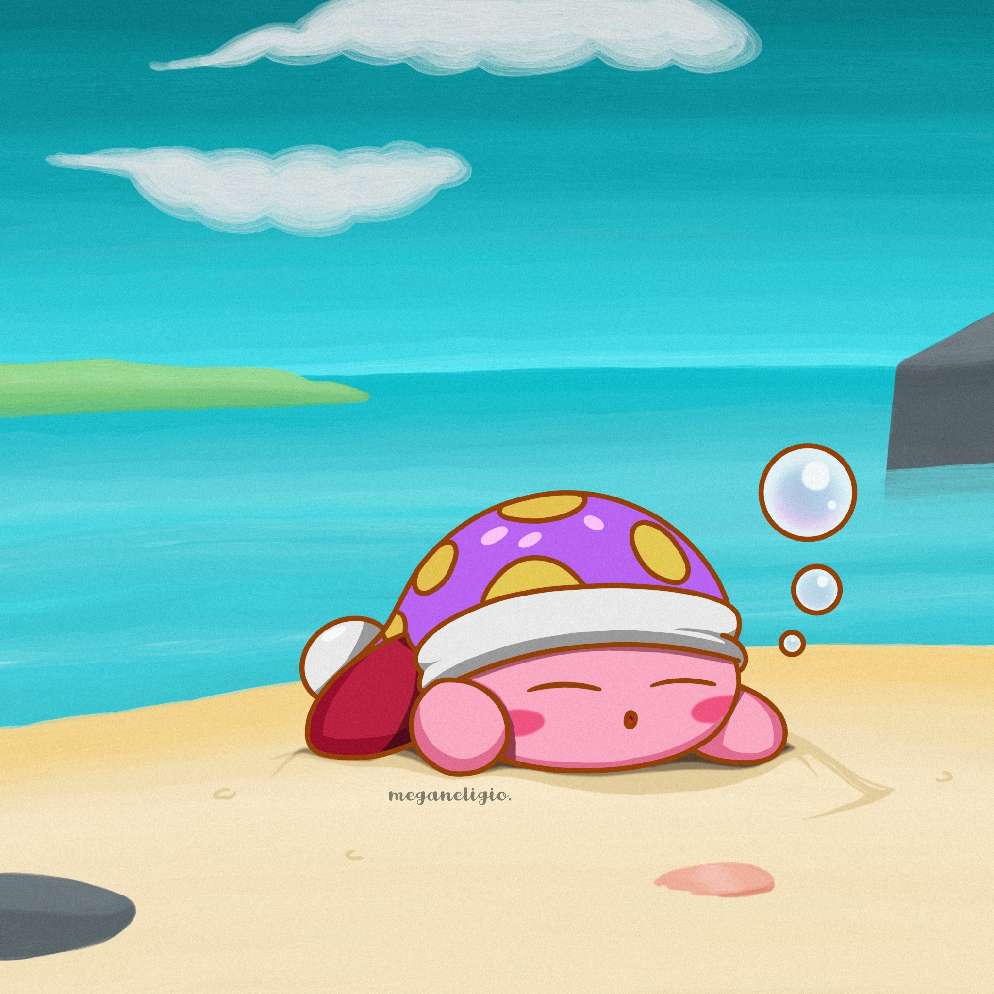 cute illustration of sleeping kirby on a beach