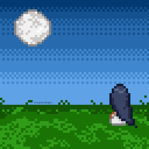 8bit art of a lone girl staring up at the night sky